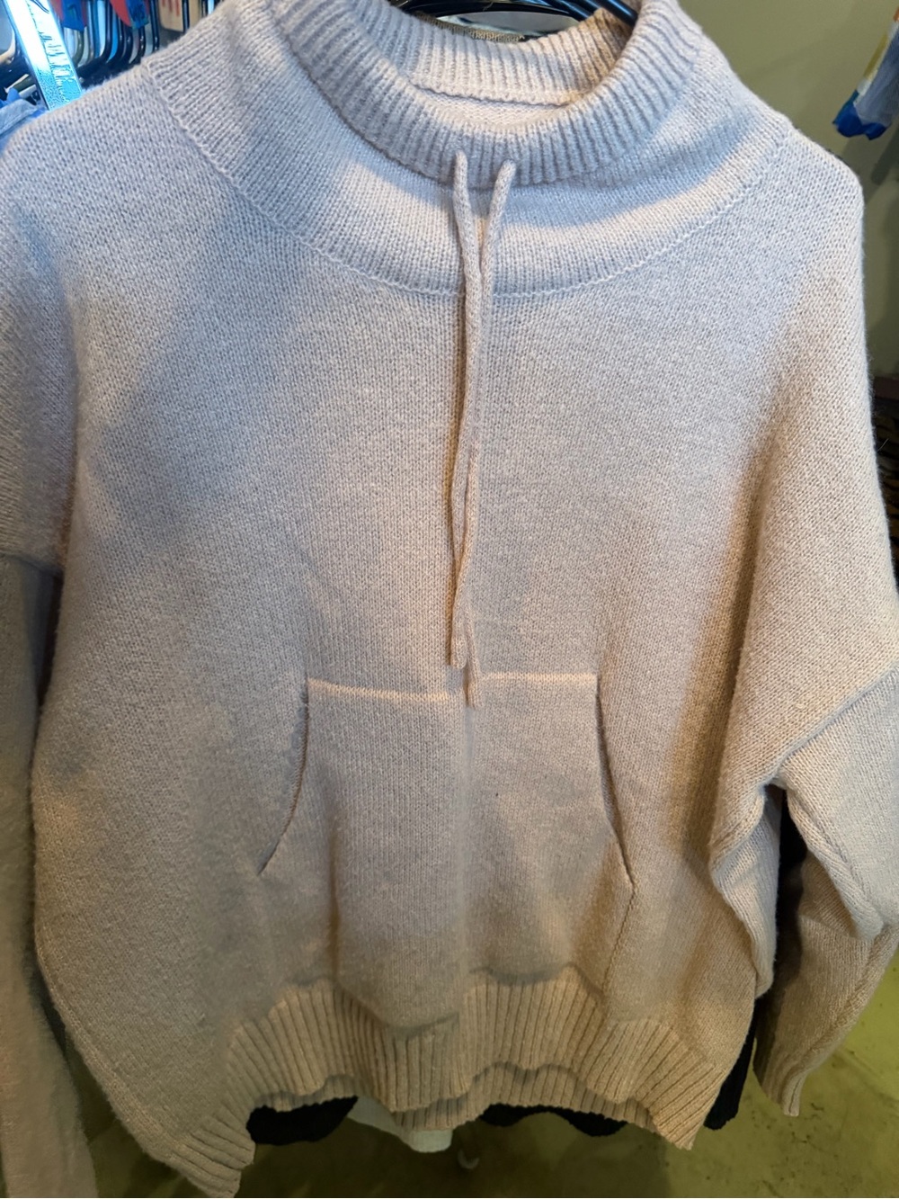 Source Unknown Cream Knit Cowl Pullover with Kangaroo Pocket